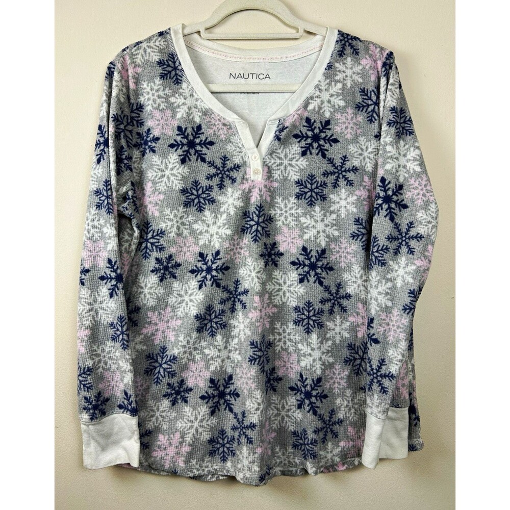 Nautica Women's L Waffle Knit Henley Button Snowflake Holiday Sleep Shirt Gray